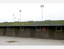 Eine Reihe von dunklen Holzstallungen mit verschlossenen Türen und kleinen Fenstern, darüber ein mit Moos bewachsenes Satteldach. Im Hintergrund stehen mehrere hohe Flutlichtmasten, und an einer Tür hängt ein Halteverbotsschild.