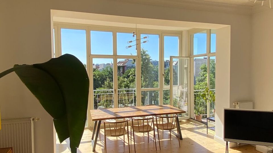 Bright, minimalist living-dining room with light wood floors and a large bay of floor-to-ceiling windows opening to a small balcony overlooking trees and nearby buildings. A wooden dining table with chairs sits in the sunlit window area, with a TV on a low stand and large indoor plant leaves visible in the foreground.
