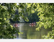 Boote mit Menschen fahren auf einem ruhigen, von Bäumen umgebenen See. Grüne Blätter hängen im Vordergrund und rahmen die Szene ein.