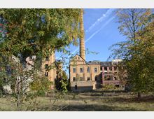 Altes Fabrikgelände mit Backsteingebäuden und einem hohen Schornstein, umgeben von Bäumen und überwucherndem Gras; die Gebäude zeigen teils beschädigte Fassaden und zerbrochene Fenster. Der Himmel ist klar und blau.