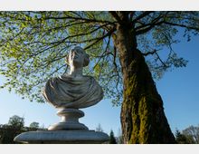 Eine Marmorbüste auf einem Sockel steht vor einem großen Baum mit frischem, grünem Laub. Der blaue Himmel und eine parkähnliche Umgebung bilden den Hintergrund.