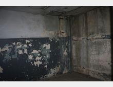 Ein leerer, heruntergekommener Raum mit abblätternder Farbe an den grauen Wänden, freiliegendem Beton und sichtbaren Rohren in einer Ecke. Die Decke wirkt ebenfalls beschädigt, und das Licht ist düster.