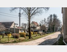 Straßenansicht eines ruhigen Wohngebiets mit kleinen Einfamilienhäusern und Gärten. Ein Sendeturm ragt im Hintergrund über die Häuser hinaus, während sich Bäume entlang der unbefestigten Straße erstrecken.
