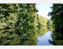 Waldlandschaft mit einem ruhigen Fluss, der die umgebenden Bäume und das dichte Blattwerk klar spiegelt. Im Vordergrund hängen Zweige und Blätter über den Fluss, während der Himmel leicht sichtbar ist.