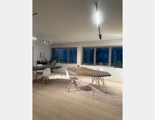 Ein heller Raum mit einem großen Holztisch in asymmetrischer Form und weiße Stühle mit Holzbeinen. Im Hintergrund sind große Fenster mit Blick auf Bäume sowie Regale mit Pflanzen und Dekorationen zu sehen.