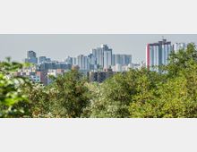 Städtische Skyline mit mehreren Hochhäusern und Wohnkomplexen im Hintergrund, umgeben von grünen Bäumen und dichter Vegetation im Vordergrund unter klarem Himmel.