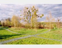 Eine Grünfläche mit vereinzelten Bäumen, darunter Laubbäume mit Mistelbewuchs. Im Vordergrund kreuzen sich zwei geschotterte Wege, und im Hintergrund ist eine Hecke sowie auf einem Hügel eine Burg erkennbar, der Himmel ist bewölkt.