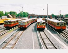 Mehrere historische rot-gelbe S-Bahn-Züge stehen nebeneinander auf Gleisen in einem Bahnbetriebswerk. Im Hintergrund sind ein Backsteingebäude mit der Aufschrift „Voreinfahrtshalle“, weitere Züge und Bäume zu sehen.
