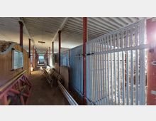 Innenansicht eines alten Pferdestalls mit einer Reihe von Boxen, die von Metallgittern und Holzwänden eingefasst sind. Der Raum ist von roten Säulen unterteilt, hat eine weiße Decke und auf der rechten Seite sind Spinnweben an den Gitterstäben sichtbar.