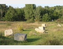 Grüne Wiese mit verstreuten, großen, rechteckigen Steinblöcken, umgeben von Büschen und einem Wald im Hintergrund. Der Ort wirkt natürlicher und leicht verwildert, mit gemähten Wegen durch das Gras.