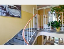 Treppenhaus mit gelb gestrichenen Wänden, einer Wendeltreppe aus grauem Stein mit weißem Geländer und einer Holzhandlaufleiste. Im Hintergrund sind Glastüren und grüne Zimmerpflanzen in gelben Töpfen zu sehen. Ein gerahmtes Schwarz-Weiß-Foto mit Autos hängt an der Wand.