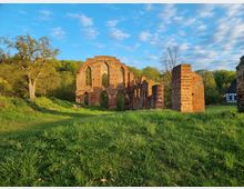 Ruine eines Backsteingebäudes mit großen, gotischen Bögen, umgeben von einer grünen Wiese und Bäumen im Hintergrund. Rechts im Bild an einem Waldrand ist ein Fachwerkhaus zu erkennen.