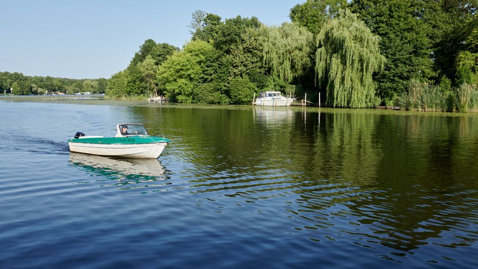 Ein See mit ruhigem Wasser umgeben von dichtem Grün und hängenden Weiden; im Vordergrund fährt ein kleines Motorboot, im Hintergrund ist ein weiteres Boot an einem kleinen Steg vertäut.