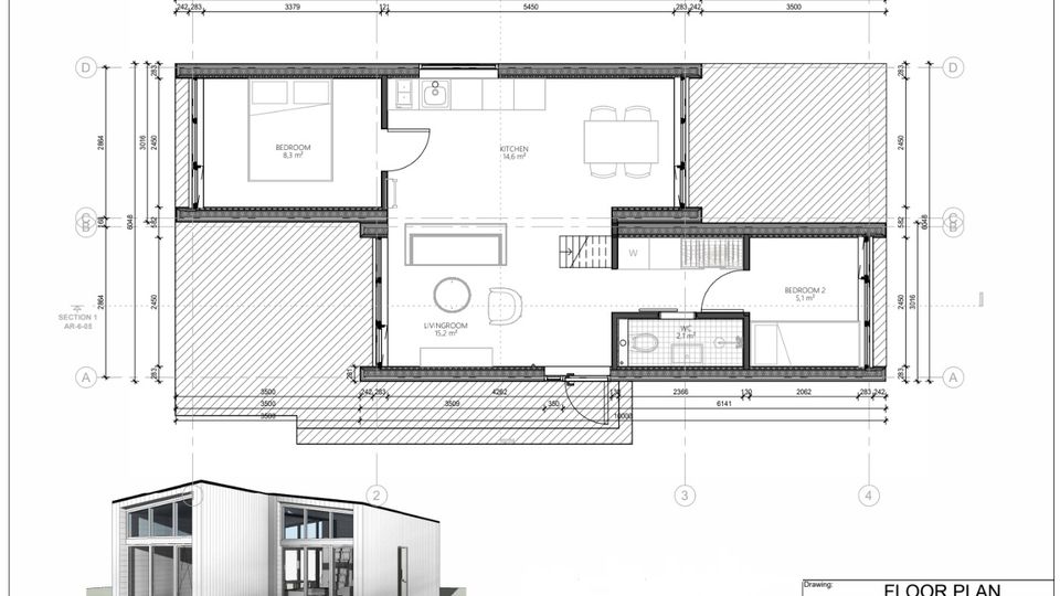 Grundrisszeichnung eines kleinen Wohnhauses mit Wohnbereich, Küche, zwei Schlafzimmern und Bad, inklusive Maßketten, Türöffnungen und markierter Außenflächen/Terrassen. Unten links ist eine 3D-Ansicht des modernen, eingeschossigen Gebäudes mit großer Fensterfront und vorgelagerter Holzterrasse dargestellt.