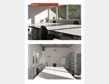 Zwei helle Büroräume mit großen Fenstern, weiß gestrichenen Wänden und simplen Möbeln. Der erste Raum zeigt mehrere Schreibtische in Kombination mit schwarzen Bürostühlen, der zweite Raum enthält Regale, eine Flipchart und eine Hängelampe an einer offenen Betondecke.