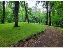 Ein Waldweg mit Kiesbelag, gesäumt von einer Steinbegrenzung, führt durch eine grüne Waldlandschaft mit hohen, teilweise bemoosten Bäumen. Im Hintergrund steht eine Sitzgruppe aus Holz auf einer kleinen, grasbewachsenen Anhöhe.