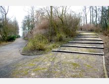 Ein Parkweg mit abzweigenden Pfaden; rechts führt eine flache Treppe aus Betonplatten bergauf, links ein ebener Weg. Umgeben von kahlen Bäumen und Sträuchern in einer winterlichen Landschaft.