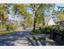 Wohnstraße in einem grünen Wohngebiet mit hohen Bäumen entlang der Fahrbahn, Gehweg und Pflasterstreifen am Rand. Rechts und links stehen Einfamilienhäuser mit Gärten und Zäunen, darunter ein Haus mit Solarmodulen auf dem Dach.