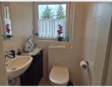 Kleines, hell gefliestes Badezimmer mit Waschbecken links, WC in der Mitte und einem Fenster mit Spitzenvorhang. Auf dem Waschtisch und der Fensterbank stehen Deko und Pflanzen, darunter eine Orchidee; an der rechten Wand ist ein Toilettenpapierhalter montiert.