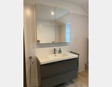 Modernes Badezimmer mit einem Waschbecken auf einem dunklen Unterschrank und einem großen Spiegelschrank darüber. Die Wände sind hell, und der Boden besteht aus Holzoptikfliesen; an der Seite hängt ein Handtuchhalter mit grünem Handtuch.