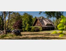 Holzhaus mit Reetdach inmitten einer grünen Landschaft, umgeben von dichten Bäumen und Büschen. Im Vordergrund ist ein gemähter Rasen sowie mehrere gestapelte Holzscheite unter schwarzer Abdeckung zu sehen.