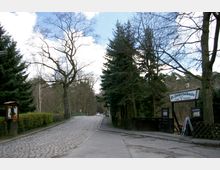 Gepflasterte Landstraße, die von Bäumen gesäumt ist, mit einem hölzernen Schild auf der rechten Seite, das „St. Hubertusbaude Café Restaurant“ anzeigt. Im Hintergrund ist eine Brücke und eine parkähnliche Umgebung erkennbar.