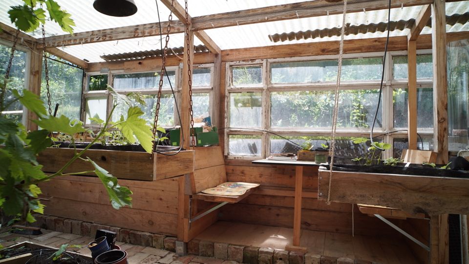 Innenraum eines rustikalen Gewächshauses mit Holzrahmen, großen Fenstern und einem Dach aus Wellplatten. Entlang der Wände stehen hölzerne Pflanzbeete mit Jungpflanzen; Seile und Lampen hängen von der Decke, der Boden ist teils mit Ziegeln ausgelegt.