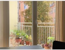 Blick durch eine große Glas-Balkontür auf einen kleinen Balkon mit Metallgeländer und mehreren Topfpflanzen. Im Hintergrund sind ein großer Baum und die Fassade eines gegenüberliegenden Wohnhauses zu sehen.
