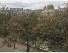 Blick auf eine Baumallee entlang eines Flusses mit einer Steinbrücke im Hintergrund. Im Vordergrund stehen blattlose Bäume, während im Hintergrund Gebäude mit Schriftzügen und Wolken am Himmel zu sehen sind.