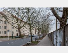 Straßenansicht mit Wohngebäuden im Hintergrund, einer Baumreihe entlang der Straße und einem Gehweg an einer Betonmauer mit Graffiti. Parkende Autos sind entlang der Fahrbahn zu sehen, die Szene wirkt winterlich ohne Laub an den Bäumen.