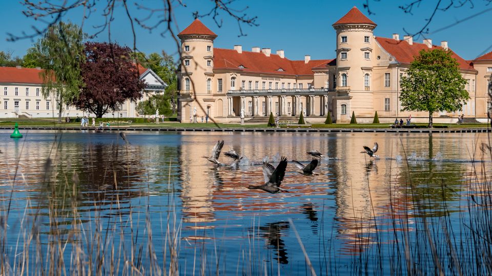 Large historic palace complex with beige walls and red-tiled roofs, featuring two round corner towers, viewed across a calm lake. Reeds line the foreground and the building’s reflection is visible in the water, with trees and a walkway along the shore.