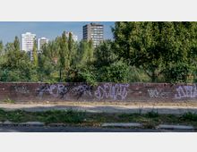 Eine niedrige Ziegelmauer mit Graffiti, dahinter dichter Bewuchs mit Bäumen und Sträuchern sowie ein grüner Metallzaun. Im Hintergrund sind mehrere Wohnhochhäuser sichtbar.