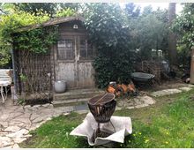 Ein kleiner, hölzerner Gartenschuppen mit einer Efeu-Bewachsung und zwei Fenstern auf der Vorderseite; davor stehen eine Feuerstelle, ein Pflanzentopf und Holzstücke. Rechts vom Schuppen liegen Gartenwerkzeuge wie eine Schubkarre, umgeben von Sträuchern und Rasen.