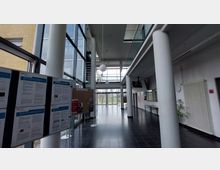 Heller Eingangsbereich eines modernen Gebäudes mit Glasfassaden und weißen Säulen, schwarzem Fliesenboden und mehreren schwarzen Monitoren an der Decke. Links stehen Pinnwände mit ausgehängten Informationen, im Hintergrund sind Glastüren mit Blick auf eine Grünfläche sichtbar.