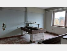 Ein leerer, verlassener Raum mit einer großen rechteckigen Waschrinne aus dunkelbraunem Stein und Fliesenfundament. Die Wände sind hellgrün und teils beschädigt, das Fenster rechts bietet Blick auf eine herbstliche Landschaft.