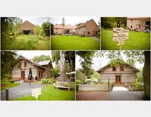 Ein ländlich gelegenes Anwesen mit Backsteingebäuden, umgeben von grünen Wiesen und Bäumen. Im Vordergrund eines der Bilder steht ein Wegweiser für eine Hochzeit, und ein Schild mit der Aufschrift „Forsthaus“ weist auf das Hauptgebäude hin.