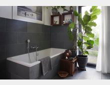 Modernes Badezimmer mit grauen Wand- und Bodenfliesen, einer Badewanne und dekorativen Elementen wie großen grünen Zimmerpflanzen, Holzkästen mit Pflegeprodukten und einer Laterne. Ein großes Fenster mit weißem Vorhang sorgt für Tageslicht.