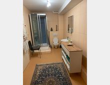 Ein Badezimmer mit beigen Fliesen, einer Dusche mit Glastüren, einem WC, einem Waschbecken mit Spiegel und einem weißen Regal mit Handtüchern. Auf dem Boden liegt ein gemusterter Teppich in Blau- und Beigetönen.