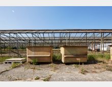 Ansicht eines verlassenen Gewächshauses mit rostigem Metallgerüst und kaputten Glasdächern, im Vordergrund zwei große, verwitterte Wassertanks. Die Umgebung ist von trockenem Gras und vereinzeltem Unkraut bewachsen unter klarem, blauem Himmel.