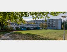 Grünfläche mit Laubbäumen im Vordergrund und einem schmalen Gehweg, der zu einem flachen zweistöckigen Gebäude mit weißen und blauen Fassadenelementen führt; im Hintergrund ein mehrstöckiger Plattenbau.