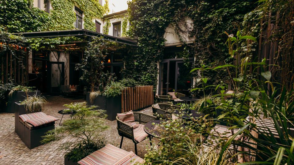 Innenhof-Terrasse eines Gebäudes mit kopfsteingepflastertem Boden, kleinen runden Tischen und Stühlen sowie Sitzbänken mit gestreiften Polstern. Die umgebenden Fassaden sind dicht mit Efeu bewachsen, ergänzt durch viele Pflanzkübel und eine überdachte Pergola am Eingang.