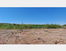 Eine offene Landschaft mit einer braunen, steinigen Fläche im Vordergrund und einem grasbewachsenen Hügel im Hintergrund, auf dem vereinzelte Büsche und kleine Bäume wachsen. Darüber ein klarer blauer Himmel.