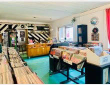 Ein Plattenladen mit mehreren Regalen voller Vinyl-Schallplatten. Im Hintergrund ist eine Theke aus Holz zu sehen, dekoriert mit Pflanzen und Hängelampen, sowie ein gestreifter Hintergrund an der Wand. Rechts sind ein Fenster mit roten Vorhängen, schwarze Regale mit Schallplatten und eine Wanduhr erkennbar.