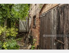 Hinterhof mit verwitterten Holz- und Backsteinfassaden, umgeben von dichtem Grün und wildem Pflanzenwuchs. Eine teilweise offene, alte Holzscheunentür führt in einen verwucherten Bereich.