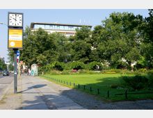 Städtische Grünanlage mit einer gepflegten Rasenfläche, Blumenbeeten und hohen Bäumen, neben einem Gehweg und einer Straße. Im Hintergrund ein modernes mehrstöckiges Gebäude, eine Bushaltestelle und eine Uhr auf einem hohen Mast.