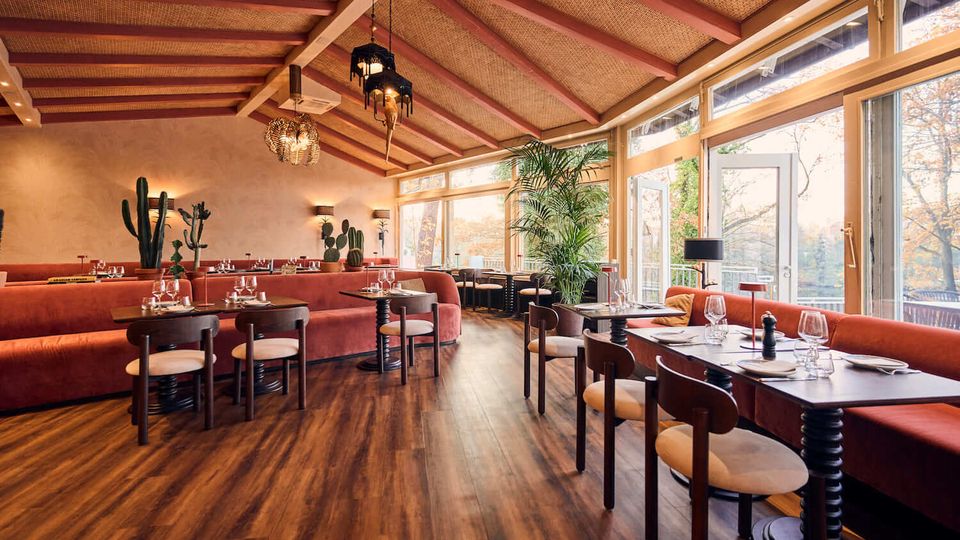 Bright restaurant dining room with wood floors, red upholstered banquettes, and dark tables set with plates and wine glasses. A high vaulted ceiling with exposed beams and hanging lantern lights sits above large glass doors and windows overlooking trees, with potted plants and cacti as decor.