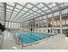 Große, lichtdurchflutete Schwimmhalle mit einem rechteckigen Becken, das durch rot-weiße Markierungslinien in Bahnen unterteilt ist. Die Wände und Decke bestehen aus großen Fenstern mit Gitterstruktur, die den Raum mit Tageslicht erhellen, umgeben von weißen Fliesen und mehreren Pflanzgefäßen.