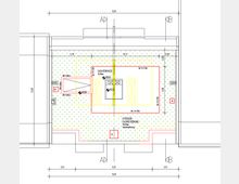 Technische Zeichnung einer Dachterrasse mit extensiver Dachbegrünung, Maßen und Beschriftungen. Die Zeichnung zeigt Flächenaufteilungen, Positionen von Gebäudebestandteilen und Sicherheitsgeländern.
