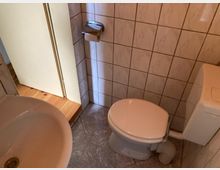 Kleines Badezimmer mit gefliesten Wänden und grauem Fliesenboden, mit WC und Wandspülkasten sowie einem Waschbecken im Vordergrund. An der Wand neben der Tür befindet sich ein Toilettenpapierhalter.