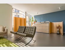 Modernes Wohnzimmer mit großen Fenstern, die viel Tageslicht hereinlassen. Ein Lederstuhl mit Chromgestell steht neben einem Sideboard aus Holz, ergänzt durch Pflanzen und einer Vase mit getrockneten Blumen, vor einer dunkelblauen Wand.